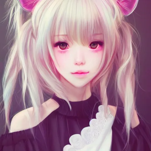 Image similar to realistic beautiful gorgeous natural cute Blackpink Lalisa Manoban white hair cute white cat ears in maid dress outfit golden eyes artwork drawn full HD 4K highest quality in artstyle by professional artists WLOP, Taejune Kim, Guweiz, ArtGerm on Artstation Pixiv