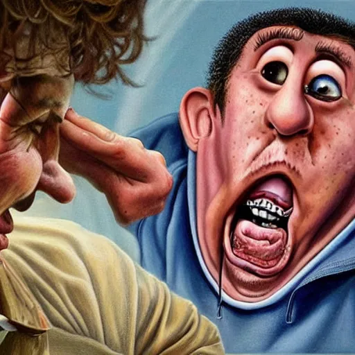 Image similar to beautiful lifelike painting of adam sandlers agitated asthma attack, hyperreal detailed facial features and uv lighting, art by ed roth and basil wolverton