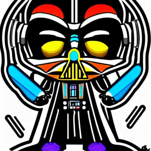 Image similar to svg sticker of a Pop-Wonder Darth-Vader at a rave, spinning records, giant headphones rocking out, wearing headphones, huge speakers, dancing, rave, DJ, spinning records, digital art, amazing composition, rule-of-thirds, award-winning, trending on artstation, featured on deviantart