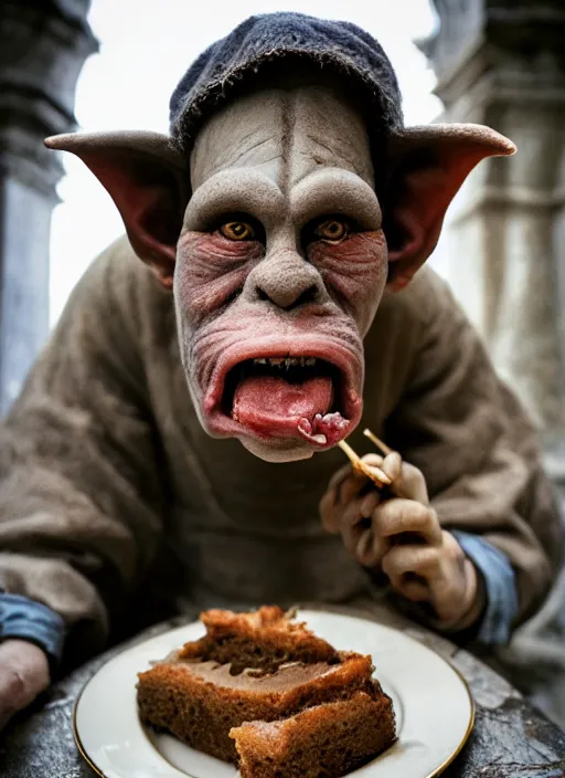 Prompt: closeup portrait of a medieval goblin eating cakes in the cloisters, depth of field, zeiss lens, detailed, symmetrical, centered, fashion photoshoot, by Annie Leibovitz and Steve McCurry, David Lazar, Jimmy Nelsson, Breathtaking, 8k resolution, extremely detailed, beautiful, establishing shot, artistic, hyperrealistic, beautiful face, octane render