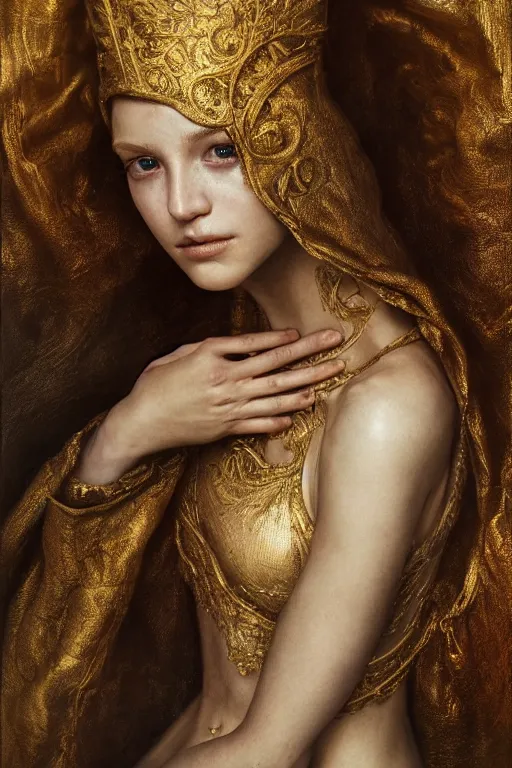 Image similar to portrait of a beautiful 20-year-old woman by Mario Testino, Dark Souls 3 themed, in style of Ruan Jia, insanely detailed and intricate, golden ratio, elegant, ornate, luxury, elite, matte painting, cinematic, cgsociety, James jean, Brian froud, ross tran, Laputa