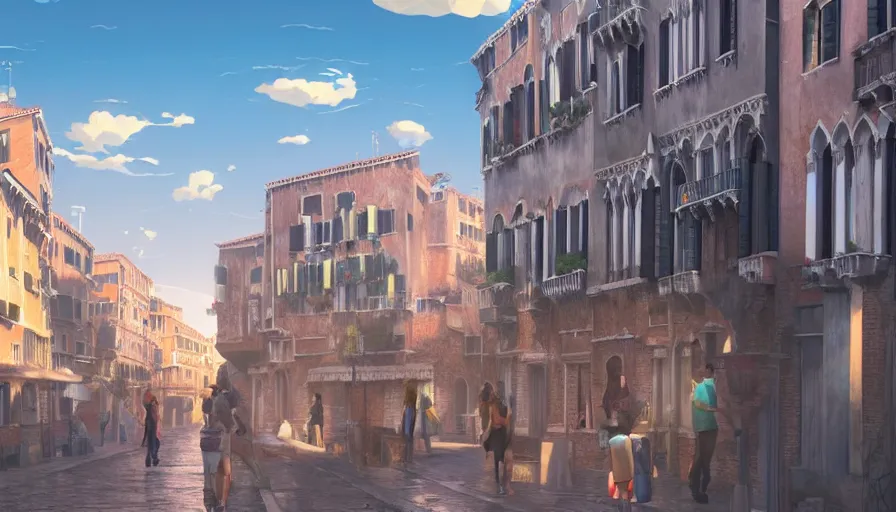 Image similar to A highly detailed matte painting of venice street with a bright shimmering sky by Studio Ghibli, Mokoto Shinkai, by Artgerm, by beeple, volumetric lighting, octane render, 4K resolution, trending on artstation, vivid colours