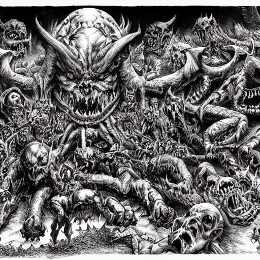 Prompt: A hyper-detailed horde of demonic abominations in hell by kentaro miura, horid