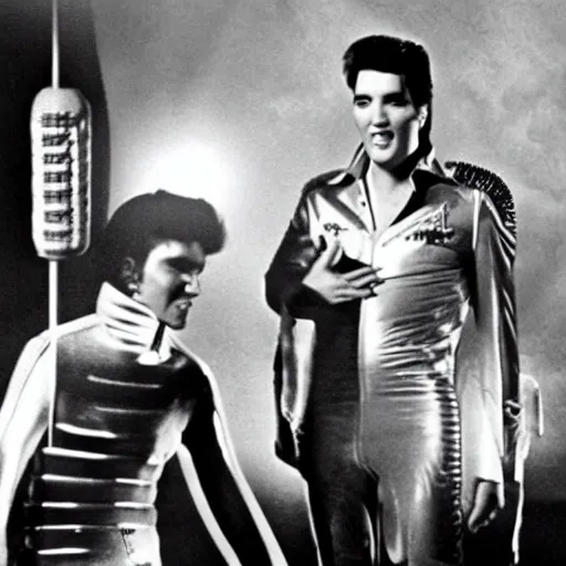 Prompt: photograph of elvis meeting aliens from another world, in alien spaceship