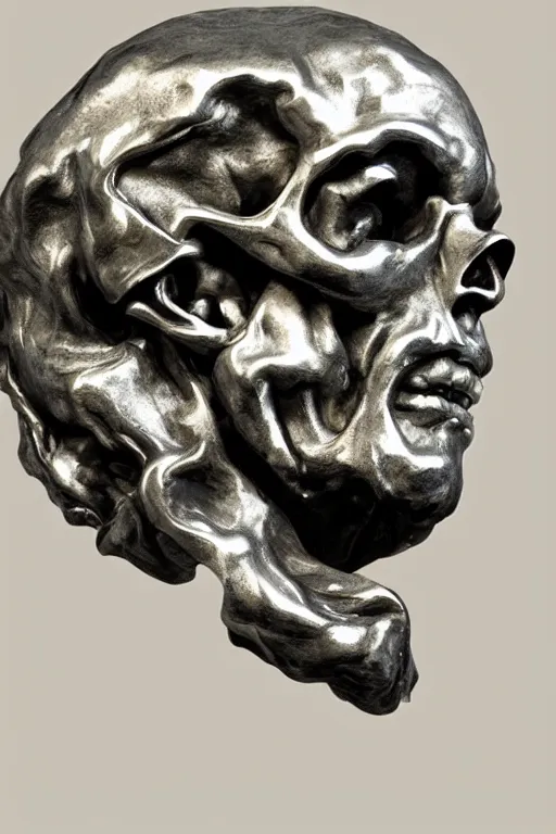 Prompt: opened head showing part of the silver skull sculpture by bernini and hedi xandt made with black marble with partial gold plating, realistic