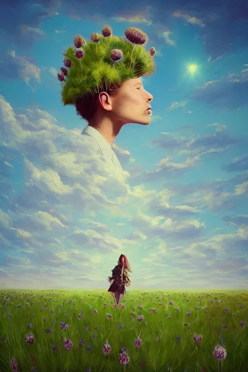 Prompt: portrait, an enormous thistle flower under head, a girl in a suit in field of flowers, surreal photography, sunrise, blue sky, dramatic light, impressionist painting, digital painting, artstation, simon stalenhag