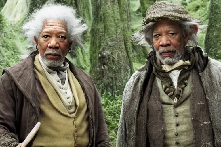 Prompt: promotional image of Morgan Freeman as Bilbo Baggins in The Hobbit: An Unexpected Journey (2012) directed by Peter Jackson, movie still, promotional image, imax 70 mm footage