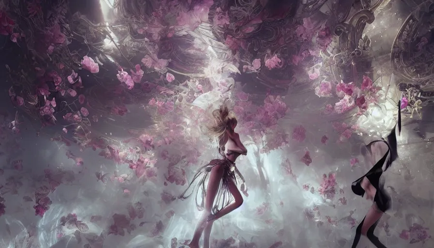 Image similar to victoria secret runway show, light, shadows, reflections, flowers, epic composition, intricate, elegant, volumetric lighting, digital painting, highly detailed, artstation, sharp focus, illustration, concept art, ruan jia, james jean, peter mohrbacher, steve mccurry, raymond swanland, peter andrew jones, greg rutkowski, concept art, iconic