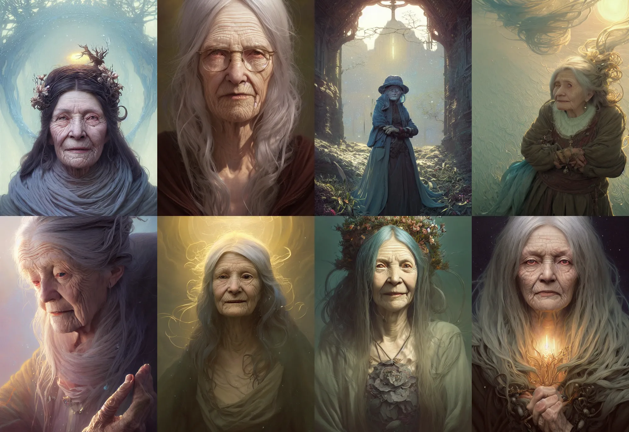 Prompt: highly detailed portrait of an old woman with long hairs, stephen bliss, unreal engine, fantasy art by greg rutkowski, loish, rhads, ferdinand knab, makoto shinkai and lois van baarle, ilya kuvshinov, rossdraws, tom bagshaw, alphonse mucha, global illumination, radiant light, detailed and intricate environment