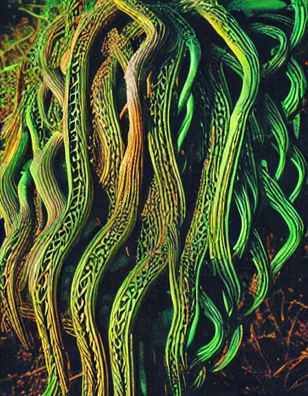Prompt: vintage color photo of a 1 1 0 million years old abstract liquid gold sculpture in the form of braids covered by the jungle vines