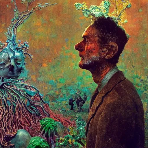 Image similar to a sculpture portrait made of smoke mushrooms and coral reefs and crystals and plants, painting part by wojciech siudmak, part by ilya repin, part by max ernst, part by norman rockwell, artstation