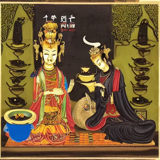 Image similar to guanyin having tea with anubis