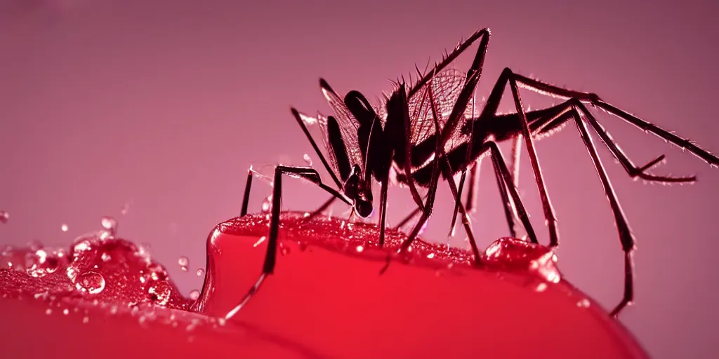 Prompt: extremely detailed macro photograph of a mosquito sucking red liquid, blur, glare, veins, transparency, bubbles, professional photography, studio, microscope