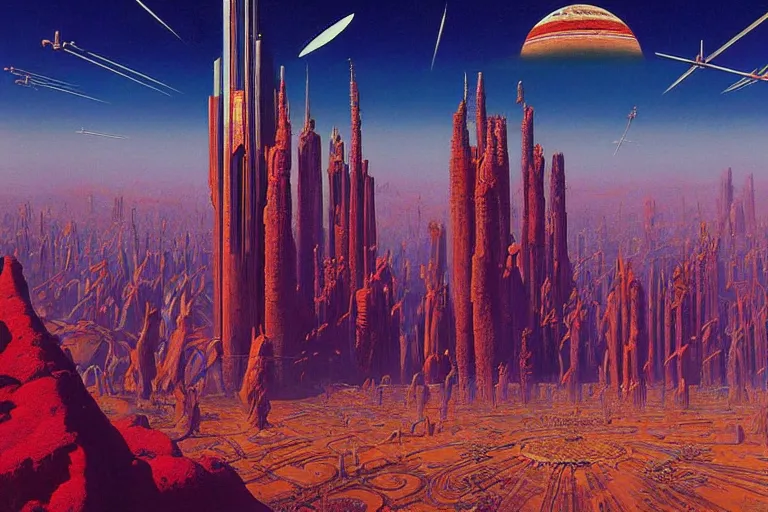 Prompt: clear crisp cloisonnism painting of megacity 1 from judge dredd megacity 1 from judge dredd in no mans sky no mans sky | crisp, masterpiece moebius syd mead bekskinski