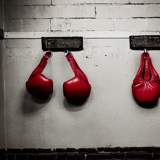 Image similar to “a pair of old red leather boxing gloves hanging on the wall in the corner of a dark gym, dimly lit”