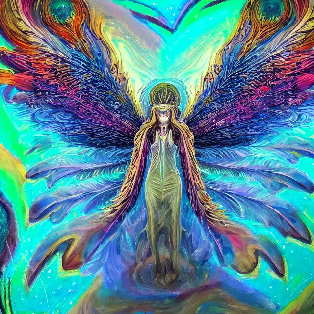 Image similar to angelic ophanim Lovecraftian horror covered in eyes feathers and wings, oil painting award winning, chromatic aberration sharp colors, fractal geometry insane angel be not afraid