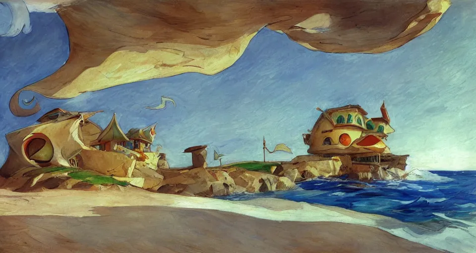 Image similar to seashell - shaped house, by moebius, joaquin sorolla, in the style of zelda windwaker