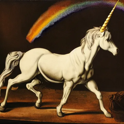 Image similar to a unicorn walking on rainbow in the style of caravaggio