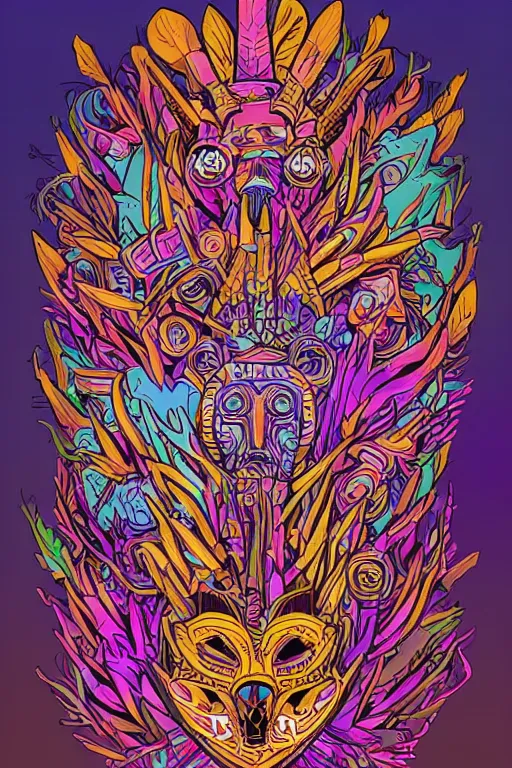 Image similar to animal mask totem roots flower tribal feather gemstone plant wood rock shaman vodoo video game vector cutout illustration vivid multicolor borderlands comics by josan gonzales and dan mumford radiating a glowing aura