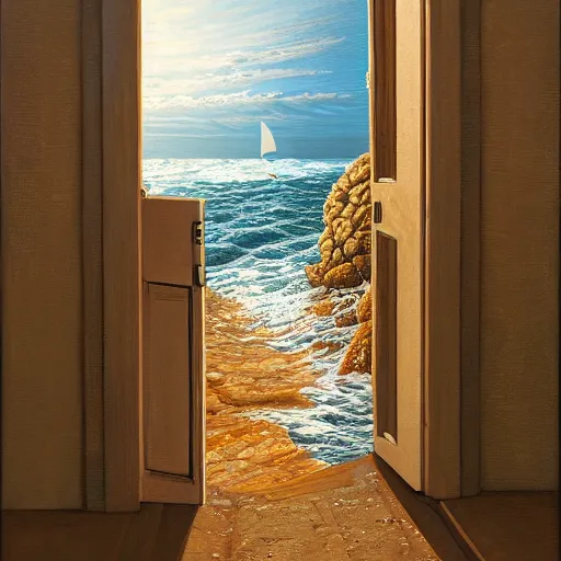 Prompt: a gust of national seashore sea air pushed open the door by jeffrey smith, oil on canvas