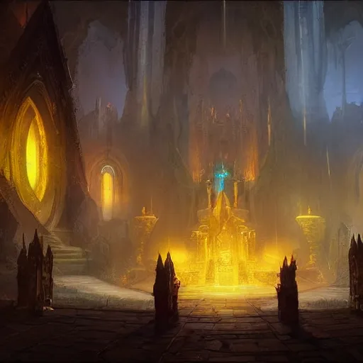 Image similar to a holy temple, yellow light emission, hearthstone art style, epic fantasy style art by Craig Mullins, fantasy epic digital art, epic fantasy card game art by Greg Rutkowski