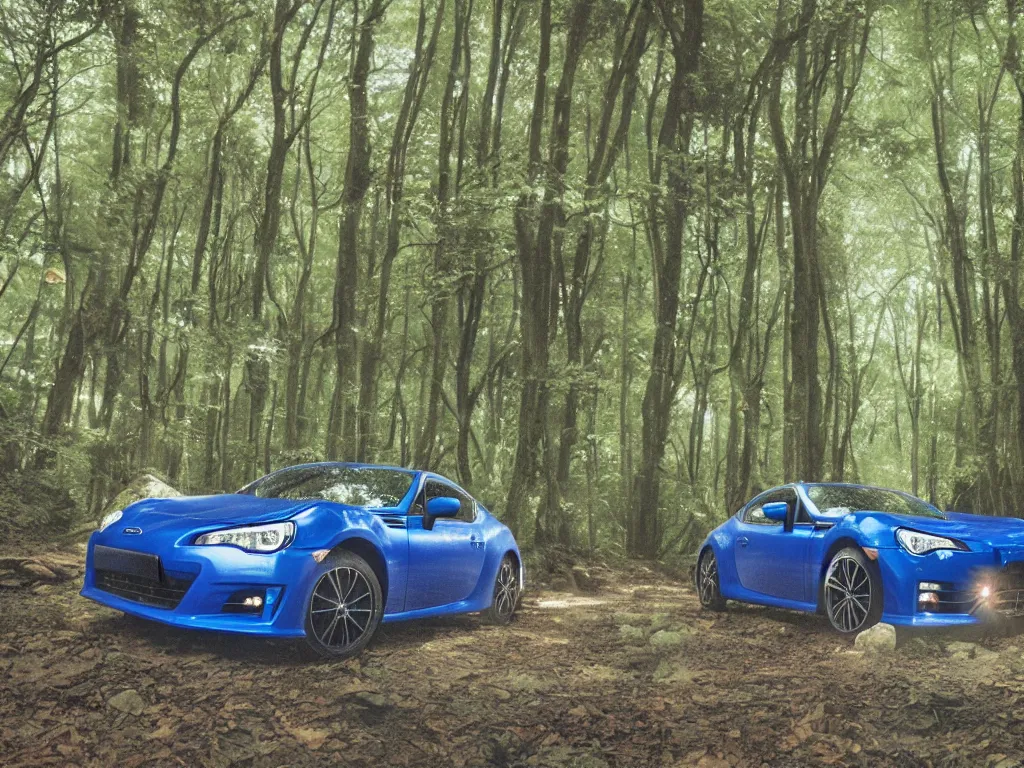 Prompt: subaru brz in a forest by studio ghibli