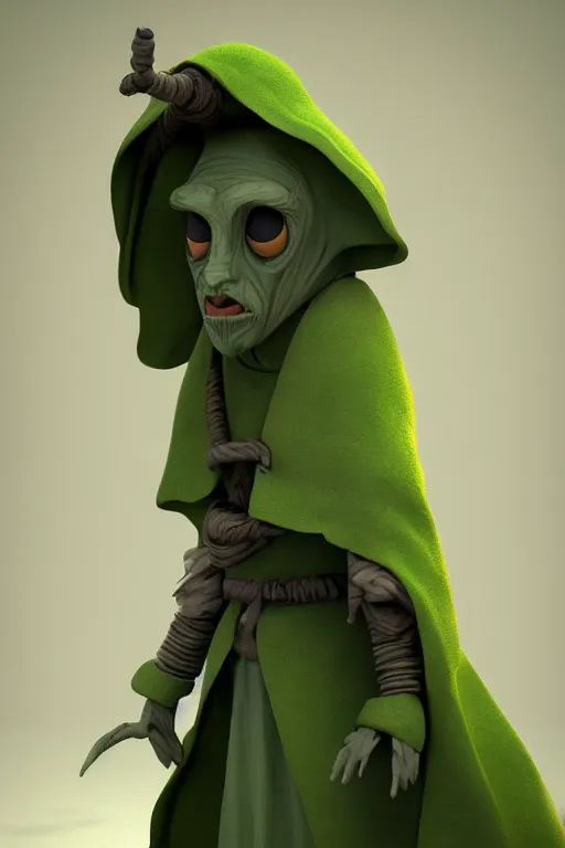 Image similar to A cute shaman with no nose, glowing eyes and a very long hooded dark green cloak of leaves by Julien Kaspar, 3D render, stylized, Cycles Render