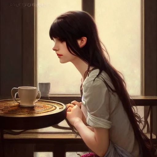 Prompt: a beautiful girl with dark hair and bangs, sitting in a cafe, fantasy, intricate, elegant, highly detailed, digital painting, artstation, concept art, matte, sharp focus, illustration, art by Artgerm and Greg Rutkowski and Alphonse Mucha