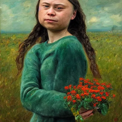 Prompt: Crying Greta Thunberg holding a green plant, impressionism, barren earth, gloomy colors, brown background, vivid attention to detail, by Greg Rutkowksi and Ilya Repin and Ander Duran