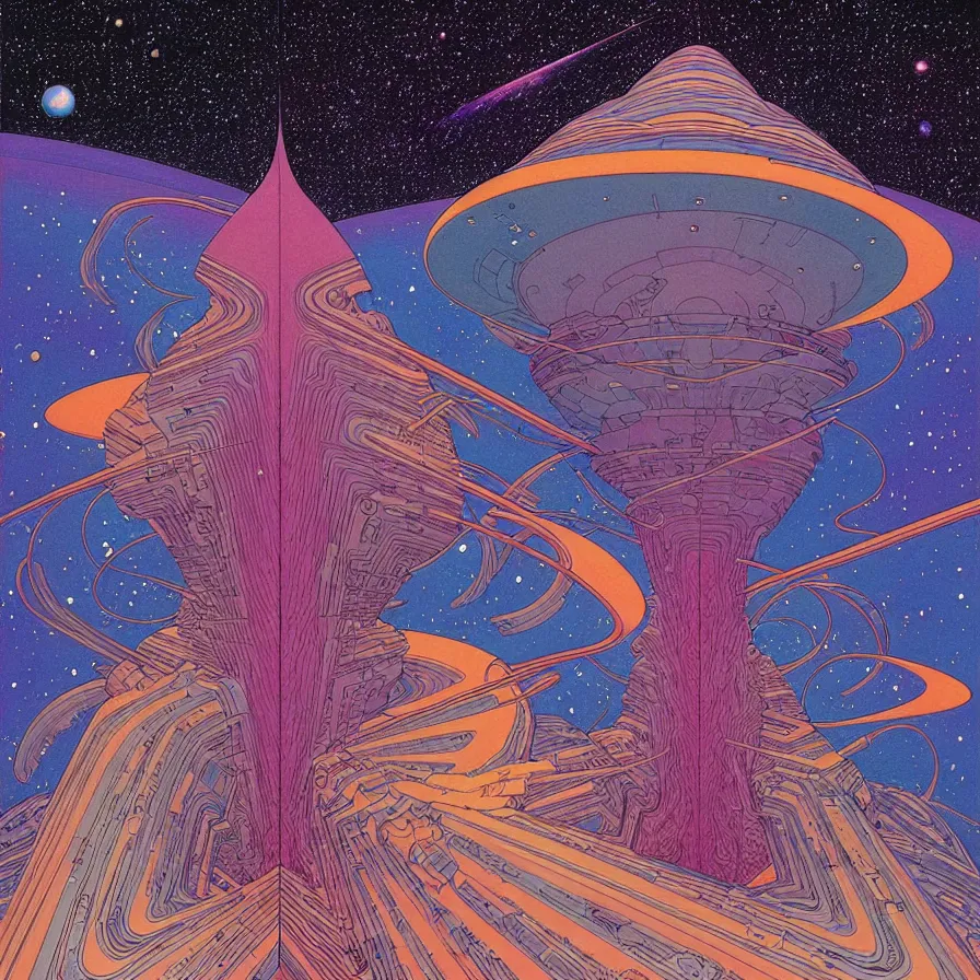 Prompt: the dimensional gap at the end of the galaxy by mœbius, overdetailed art, colorful, artistic record jacket design