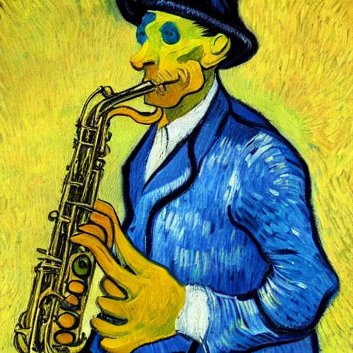 Image similar to man sitting in a yellow costume with a yellow hat holding a saxophone, smoking a cigarette, blue skin, blue smoke, dark background, realistic painting, artwork, meditative, impressionistic, van gogh, monet
