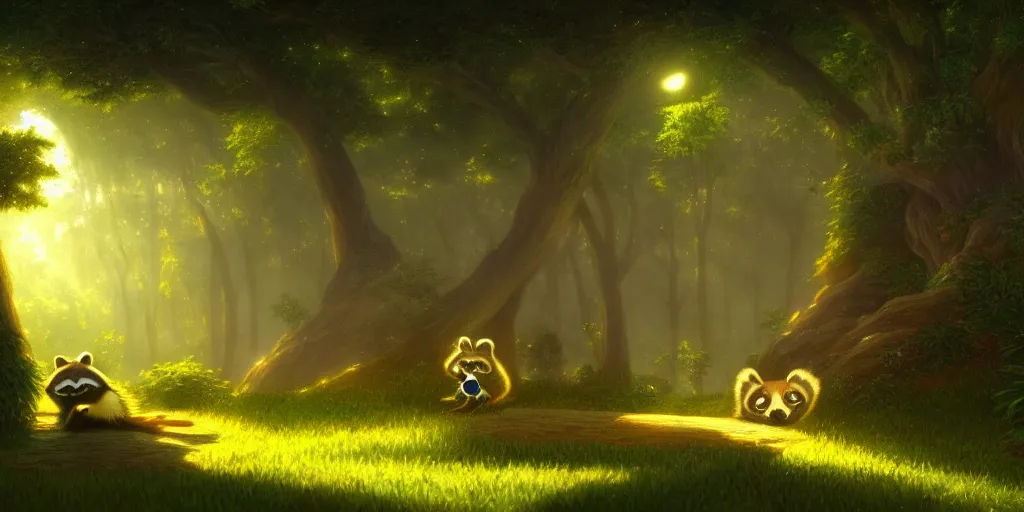 Image similar to raccoon, nature unique attractive, beautifully lit, by studio ghibli and albert bierstadt, 8 k volumetric lights unreal engine trending on art station