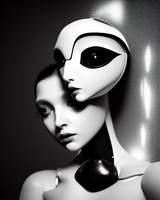 Image similar to surreal mythical dreamy dark artistic black and white fine art 3 / 4 fashion portrait photo of a young beautiful delicate female robot with orchid - owl face, rim light, cinematic, studio dramatic light, poetic, masterpiece, octane render, 8 k, photo - realistic by hg giger and man ray