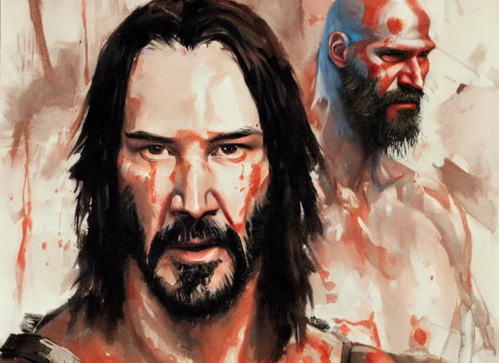 Image similar to a highly detailed beautiful portrait of keanu reeves as kratos, by gregory manchess, james gurney, james jean