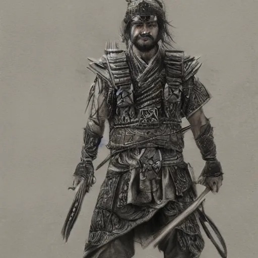 Image similar to Kurdish samurai, extremely detailed charcoal sketch, realistic, incredibly detailed, award winning art, cinematic, extremely high detail, concept art, 4k fantasy art, trending on artstation, full body shot