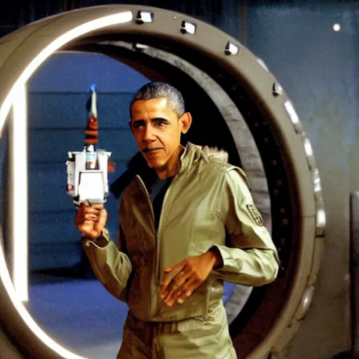 Image similar to barrack obama going through a stargate in the sg - 1 base, holding a goauld in his right hand