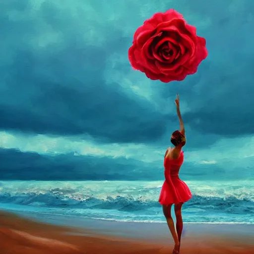 Image similar to portrait, giant rose flower head, girl dancing at the beach, surreal photography, sunrise, blue sky, dramatic light, impressionist painting, digital painting, artstation, simon stalenhag