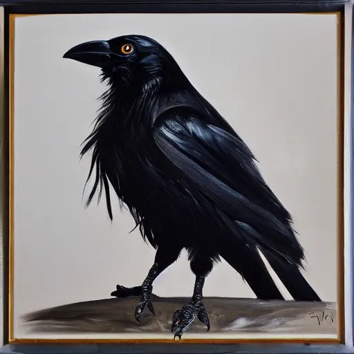 Prompt: closeup of a crow, shiny feathers, high contrast, oil paint, extremely detailed