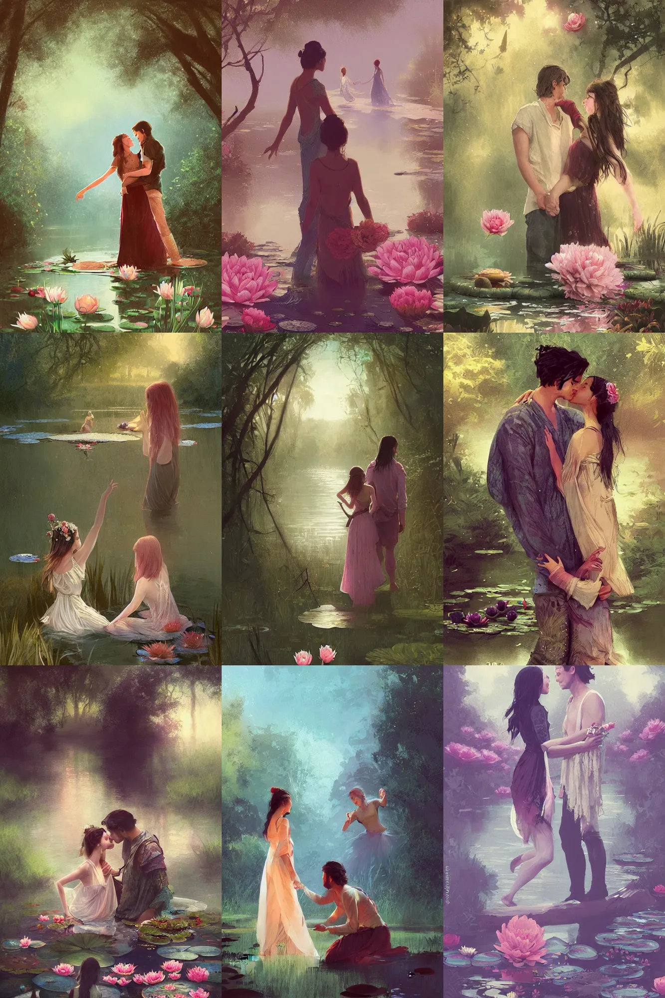 Prompt: a cinematic boy girl traditional romance moment of a friends down by the lily pad pond wearing boho clothing and peonies, silhouette, Minimal Movie Posters, fantasy magic, art masterpiece by Greg Rutkowski, Gaston Bussiere, craig mullins, #wip #illustration #illustradraw #illustrator #vector #colors #colorschemes