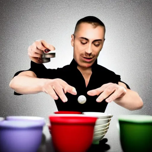 Image similar to magician performing the cups and balls very realistic