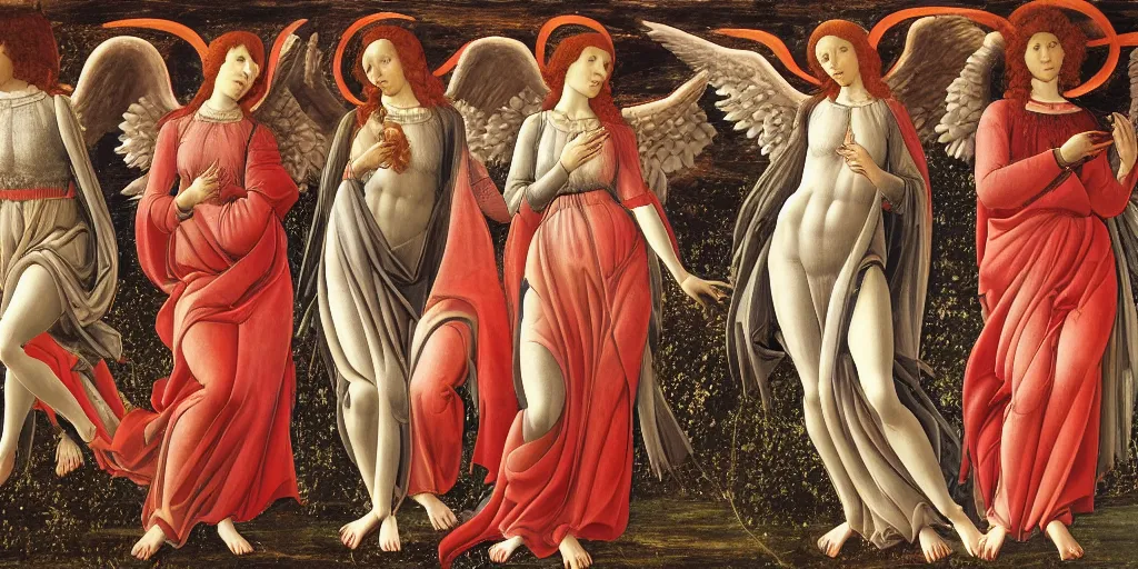 Prompt: Angels holding red spiral Spears descend from the heaven to cast judgment on the humans who try to run below their feet, oil painting by sandro botticelli, highly detailed, renaissance art, 8k