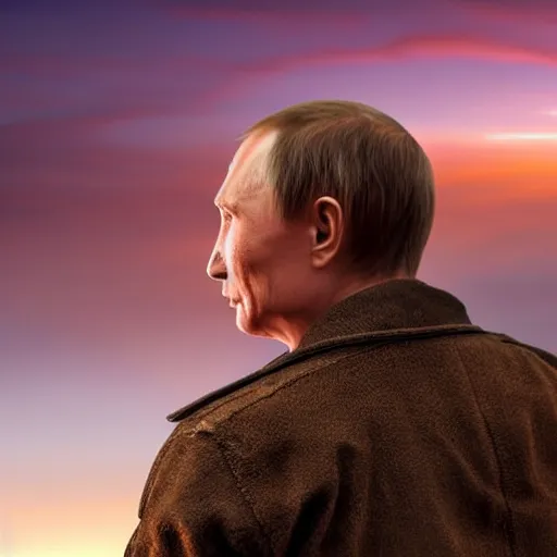 Prompt: close up of wounded putin standing at the edge of a large cornfield staring out in the distance, reflection of a sunset in his crying eyes, photography, highly detailed landscape, intense fantasy atmospheric lighting, hyperrealistic, spectacular mountains, bright clouds, luminous stellar sky, hd