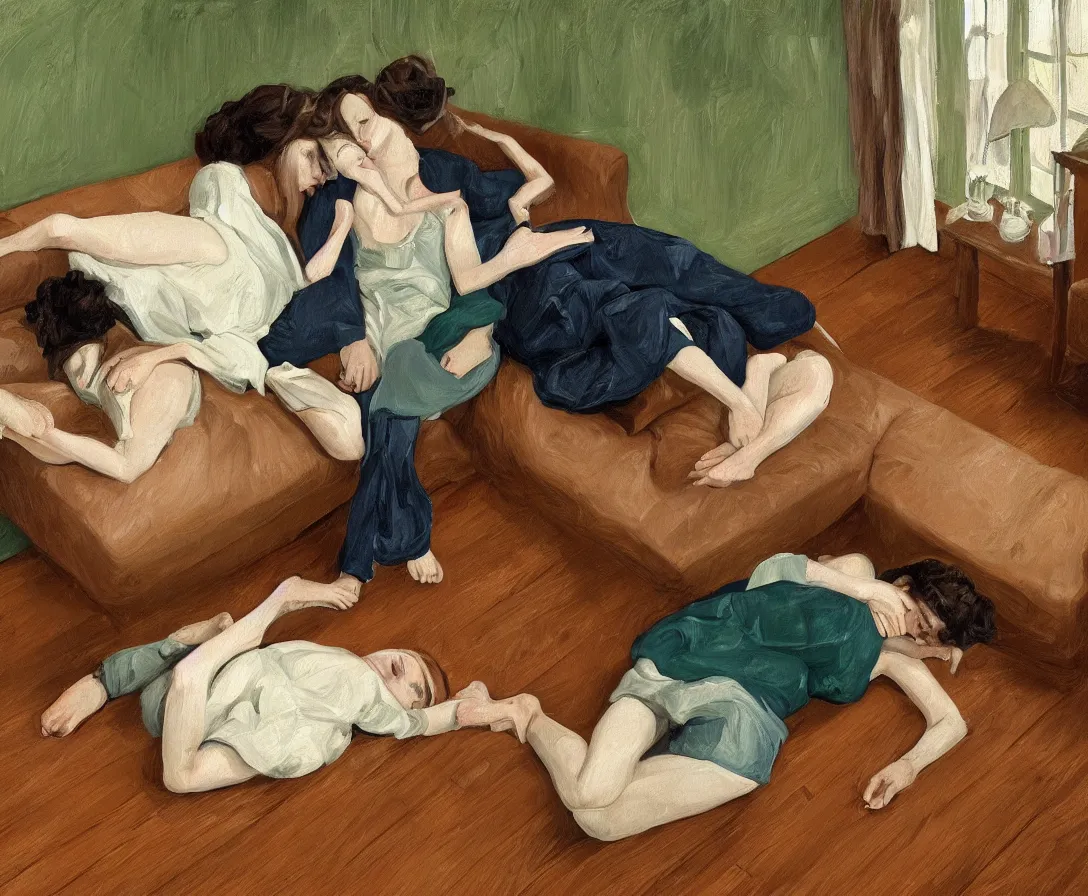 Image similar to portrait of two women lying horizontal, in an empty old english apartment with wooden floor on a brown leather sofa. one is wearing a dark blue sweather, the other a white shirt. brown hair, they are looking into the camera. wide shot. in the style of lucien freud. oil painting. green mood. isometric perspective