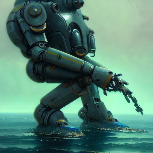 Prompt: mech suit swimming in the water, diffuse lighting, fantasy, highly detailed, photorealistic, digital painting, artstation, illustration, concept art, smooth, sharp focus, in the style of tom bagshaw