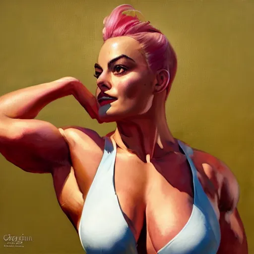 Image similar to greg manchess portrait of margot robbie as happy thick female bodybuilder zarya from overwatch in disco elysium, epic grimdark, fantasy, medium shot, asymmetrical, profile picture, organic painting, sunny day, matte painting, bold shapes, hard edges, street art, trending on artstation, by huang guangjian and gil elvgren and sachin teng