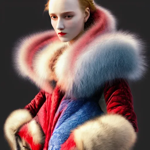 Image similar to a show design by leonardo davinci design by balenciaga ,fur,blue and red,pastel colours ,white background ,hyper realistic,highly detailed,fashion design, baroque, matte painting, concept art, hdri, 4k -