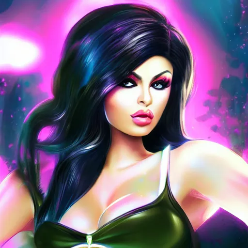 Prompt: portait of haifa wehbe, concept art, long hair centred, hd, very detailed curve, digital painting, unreal engine, sailor moon style, amazing background