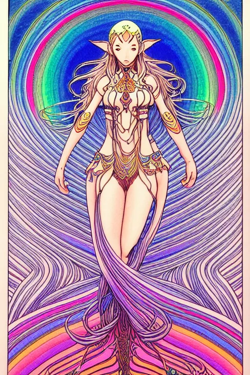 Image similar to illustration of a female elf goddess, prismatic healing waves emanate all around in a healing spring, rainbows, intricate linework, in the style of moebius, ayami kojima, 1 9 9 0's anime, retro fantasy