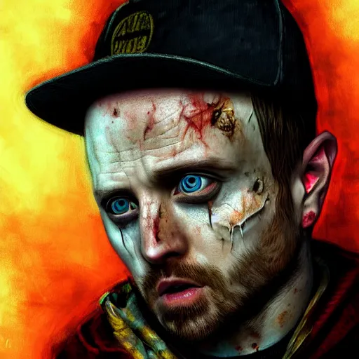 Image similar to Jesse Pinkman, zombie killer, portrait, fantasy, beautiful face, medieval, vivid colors, elegant, concept art, sharp focus, digital art, Hyper-realistic, 4K, Unreal Engine, Highly Detailed, HD, Dramatic Lighting by Brom, trending on Artstation