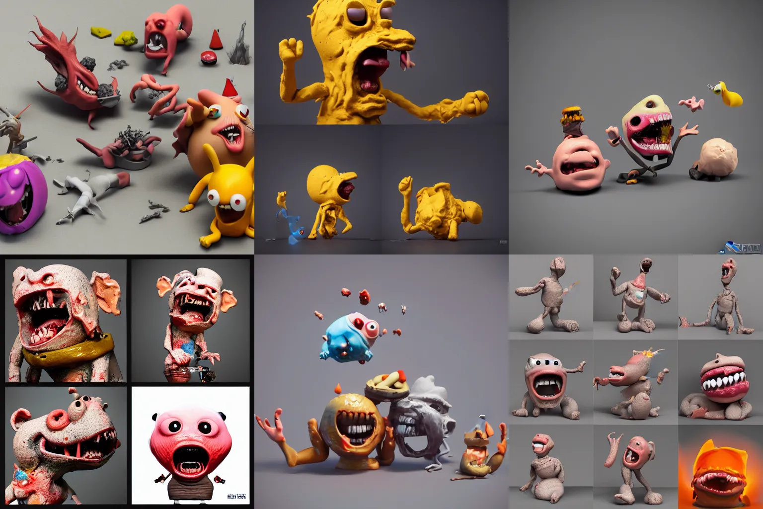 Prompt: dissection of funny, angry screaming with tongue out ceramic exploding crash miniature toy resin Figure clay animal falling apart 8K, c4d, 3d primitives, in a Studio hollow, surrounded by flying parts, explosion drawing, by pixar, beeple, by jeff koons, blender donut tutorial, symmetry